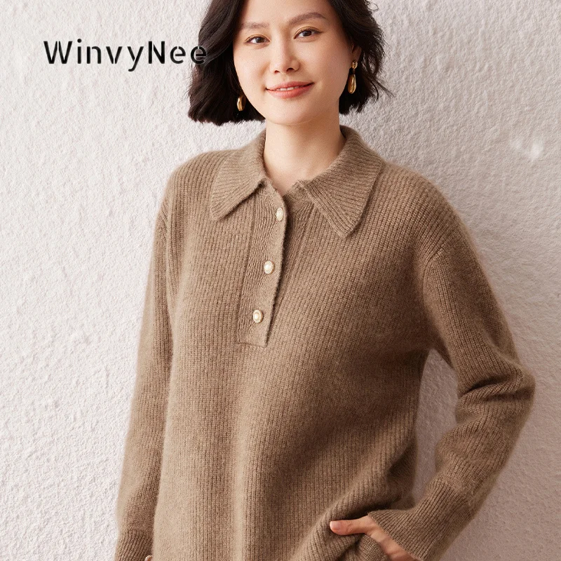 WinvyNee Women Pullover Cashmere Three Button Polo Collar Ribbed Cuff Minimalist Versatile Soft Commuter Daily Knit Top A1044057