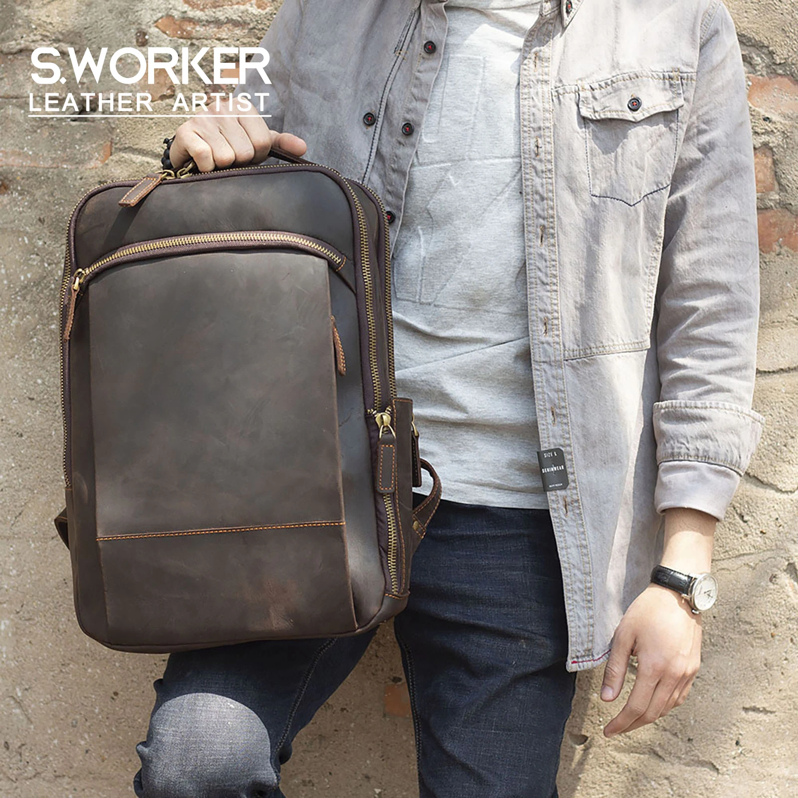 S.WORKER Vintage Echtleder Herrenrucksack 16" Laptop-Tasche Lässige Crazy-Horse-Leder Schultasche Handgefertigte Taschen für Männer – Detail 2