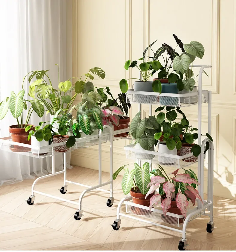 2025 new removable wrought iron flower stand balcony living room multi-layer trolley rack against the wall plant placement rack