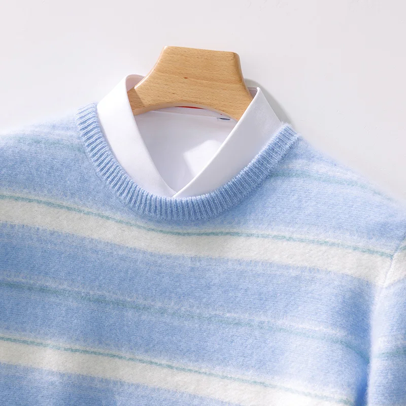 Autumn / winter 100% wool cashmere sweater men's round neck stripe business casual fashion long sleeve pullover sweater knit top