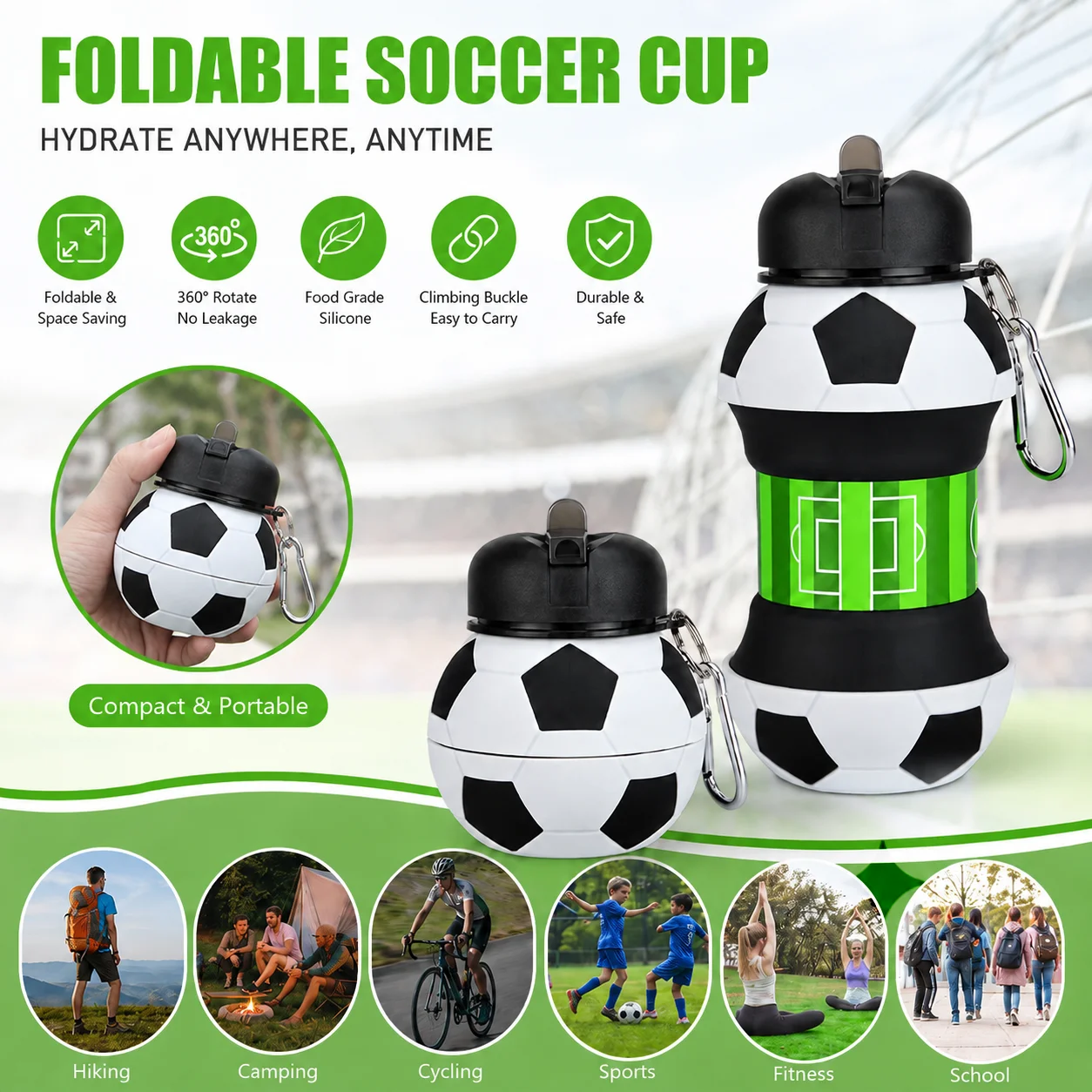 

550ml Foldable Football Water Bottle Food Grade Silicone Drinking Cup Drop-proof Travel Mug with Clip for Boys Kids Sports