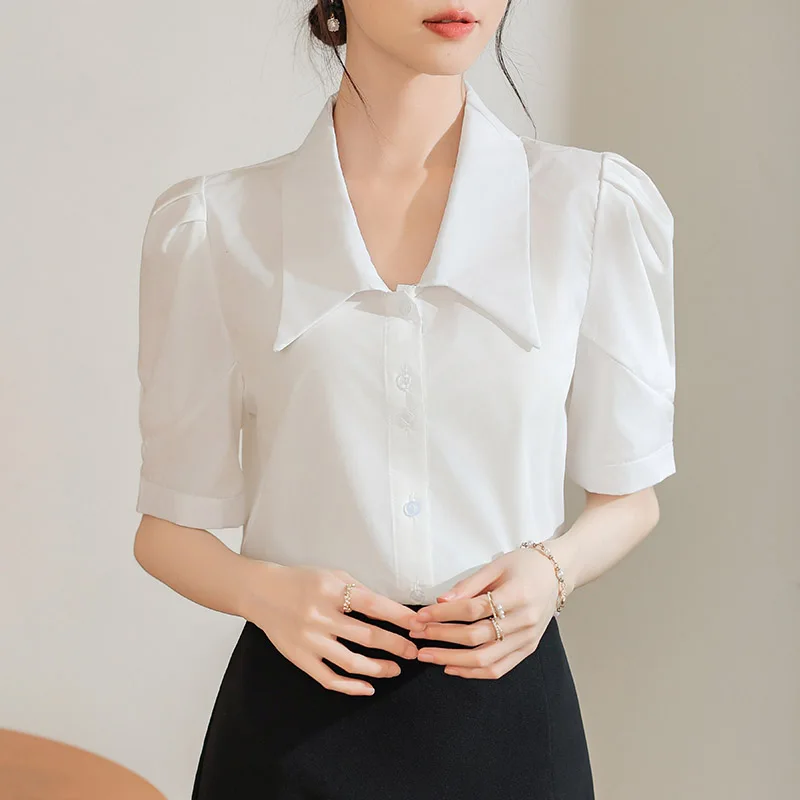 Women Clothing French Elegant Folds Shoulder Short Sleeve Shirt Summer Fashion Button All-match Chiffon Blouses Office Lady Tops