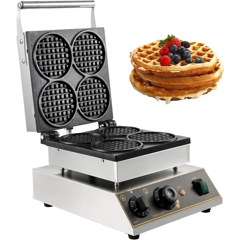 VEVOR Commercial Waffle Maker, 4pcs Rectangle Waffle Iron, Non-Stick Industrial Belgian Waffle Maker Stainless Steel 110V