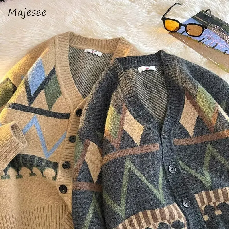 Cardigan Men Casual Fashion All-match Argyle Spring Autumn V-neck Teenagers Knitting Loose Japanese Style Retro Daily Streetwear