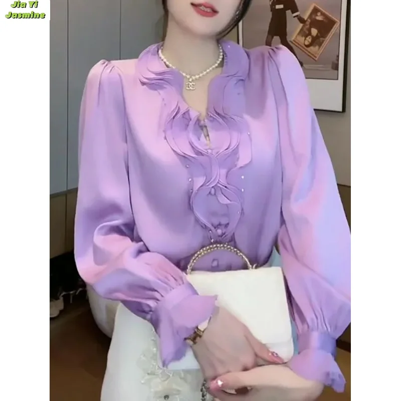 Women's New Light Luxury High-end Temperament Design Sense Solid Color V-neck Long Sleeved Shirt