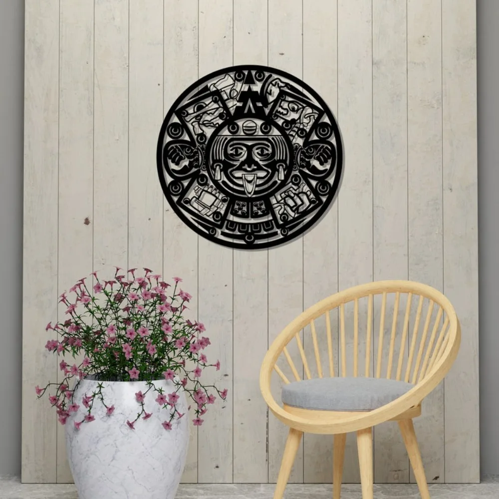 CIFBUY Wrought Iron Aztec Sun Stone Wall Art, Black Metal Calendar Decor, Boho Tribal Home Accent, Hollow Cutout Silhouette for