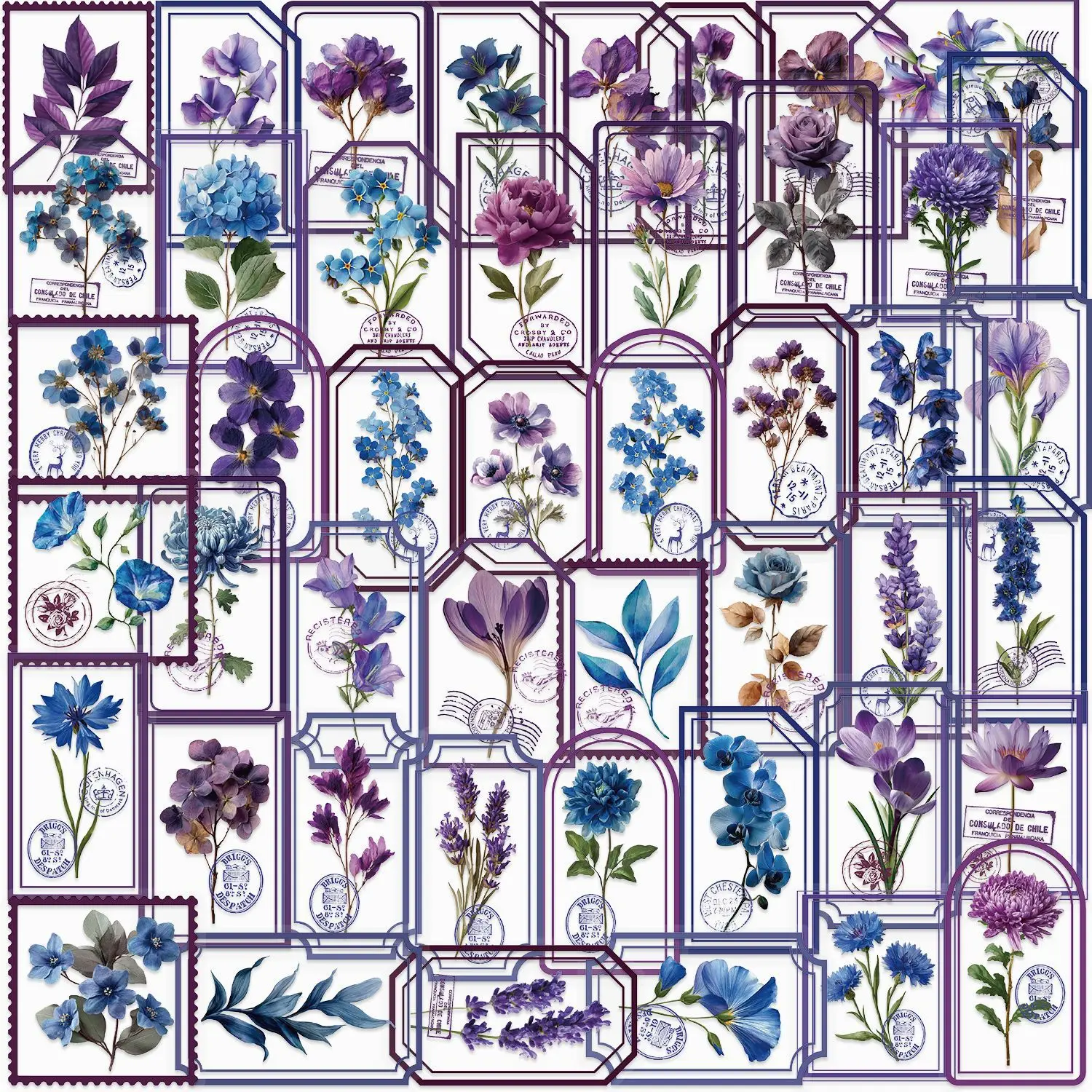 50 قطعة من ملصقات نباتات الأزهار العتيقة ذات اللون الأرجواني والديكور الإبداعي الجمالي ومستلزمات دفتر الملاحظات اليدوية وملصقات الملصقات #1