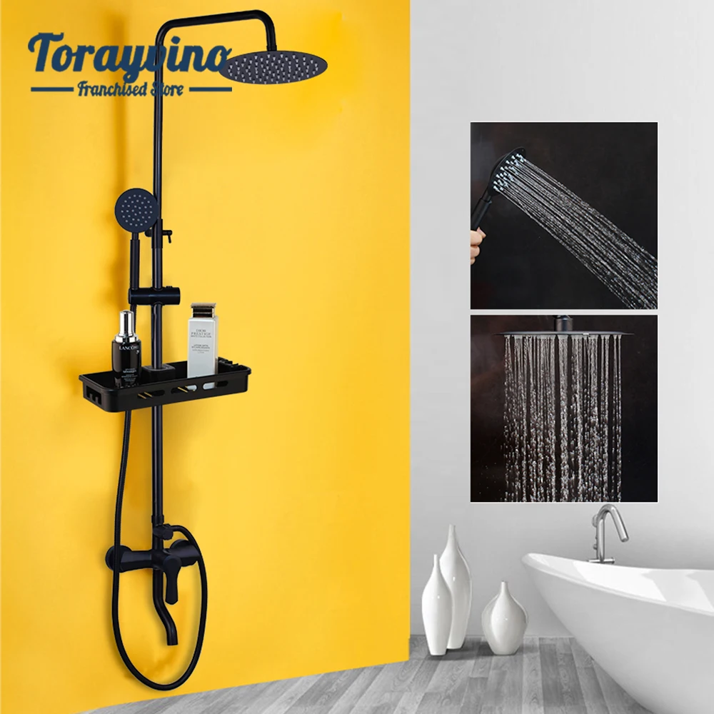 Torayvino Bathroom Rain Shower Black Wall Mount Shower Set with shelf Faucet Rainfall shower Head with Hand Shower Mixer Tap Set