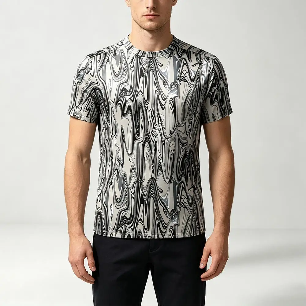 Men's Marble Swirl Print T-Shirt Summer Fashion Abstract Liquid Wave Pattern Short Sleeve Tee Unique Casual Crew Neck Streetwear