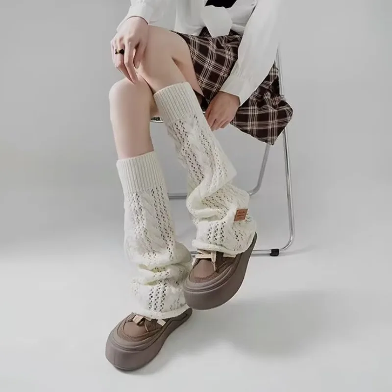 

Spring Summer Thin Hollow Sock Covers for Women Knitted Breathable Calves Horn Mouth JK Pile Long Socks South Korea Leg Warmers