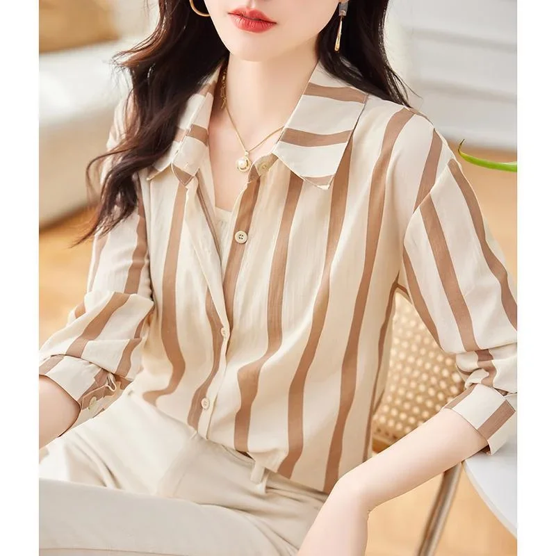 Primavera outono femme novas mangas compridas topos de alta qualidade senhoras moda listra cardigan blusa coreano feminino médio longo estilos camisa