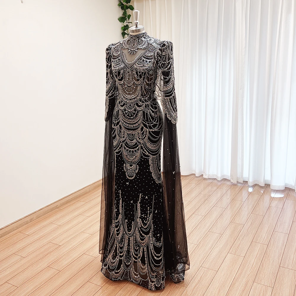 Luxury Dubai Mermaid Evening Dress with Cape Sleeves for Women 2024 Arabic Muslim Formal Prom Wedding Party Gown Customized