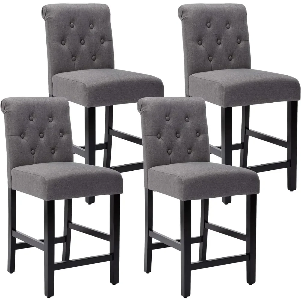 Set of 4 Fabric Barstool for Kitchen Island Upholstered Back Bar Chairs with Button Tufted Decoration Leisure Style (Grey)