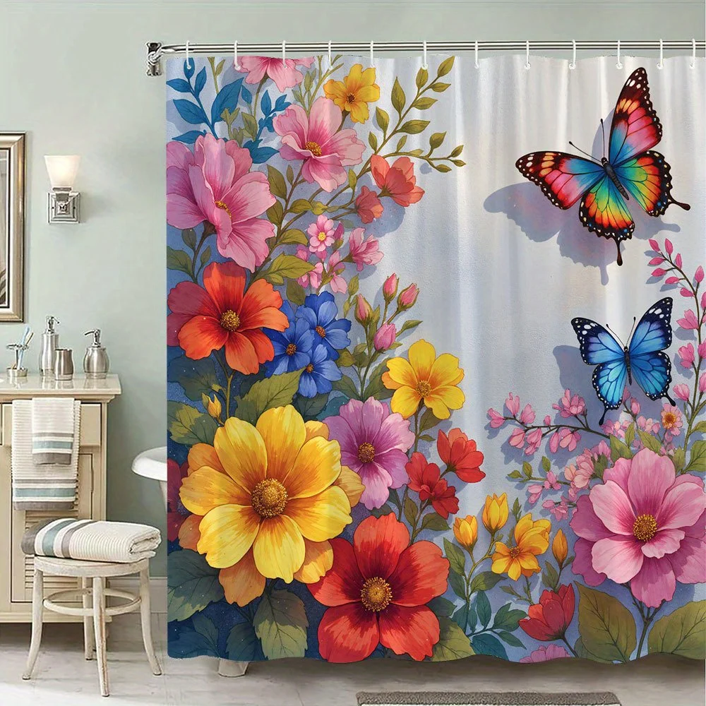 Spring Flower Butterfly Shower Curtain, White Base Vivid Color Bloom Insect Pattern Waterproof Partition Curtain for Home Shower