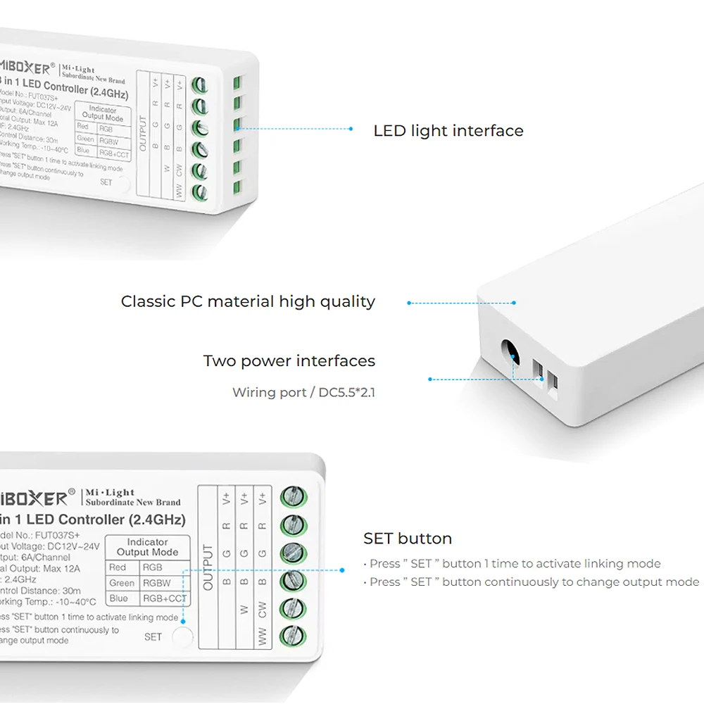 Miboxer FUT037SA + DC12-24V 2.4GHz 3 in1 telecomando regolabile con luminosità arcobaleno per striscia LED RGB/RGBW/RGBCCT