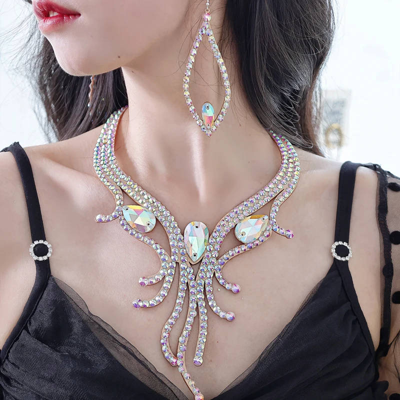 New Latin Dance Necklace Fully Handmade Colored Diamond Belly Dance Necklace Jewelry Competition Performance Accessories Female