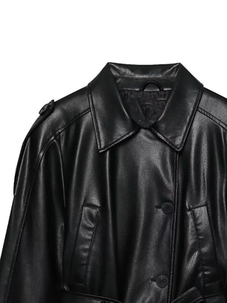 DiYiG امرأة 2025 الخريف موضة جديدة تقليد الجلود تأثير سترة الرجعية طويلة الأكمام جوكر حزام سترة ملابس خارجية Mujer