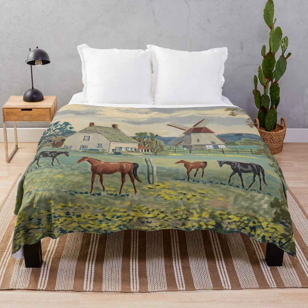 French Windmill and Grazing Horses – Scenic Rural Landscape Throw Blanket Large Fashion Sofas warm for winter Soft Blankets