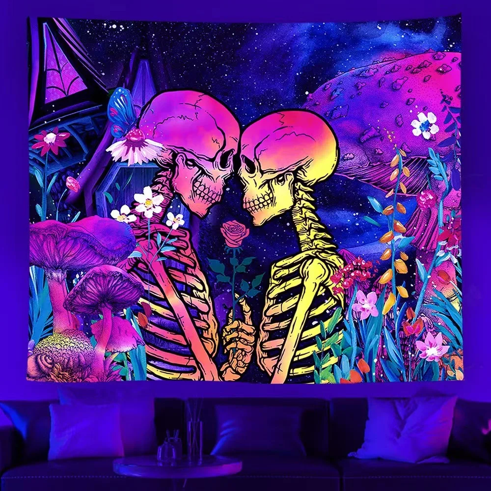 Black light Tapestry UV Reactive Psychedelic Skull Mushroom Wall Hanging Hippie Tapestry for Bedroom Dorm Tarot Room Decor