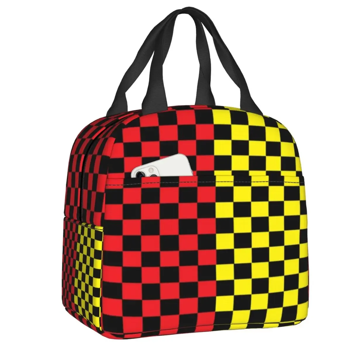 Custom Checkerboard Pattern Yellow And Black Thermal Insulated Lunch Bag Women Resuable Lunch Container Multifunction Food Box