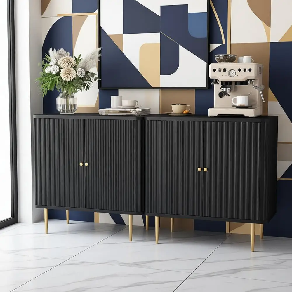

Двухсекционный черный буфет с рифлеными деталями, современный Credenza для хранения вещей для кухни, гостиной и прихожей