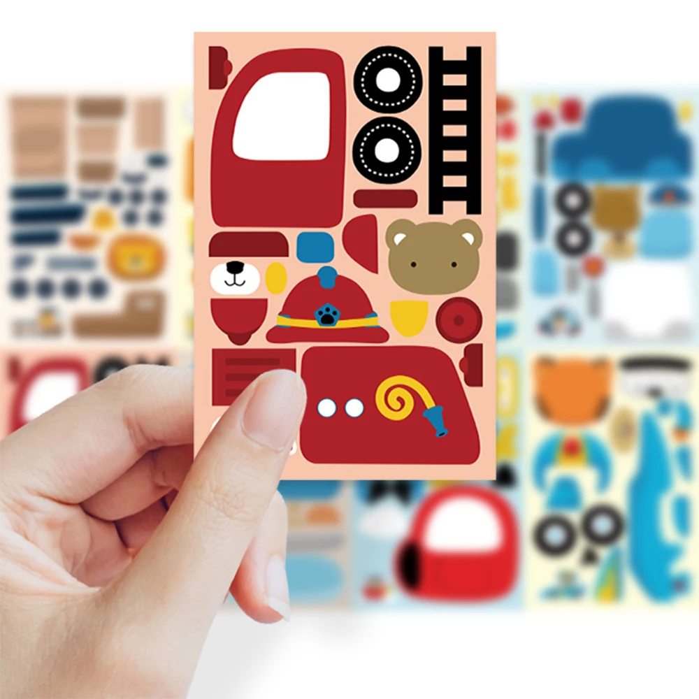 

8/16sheets Cute Animal Transportation Vehicles Puzzle Stickers Cartoon Car Airplane Make a Face DIY Assemble Jigsaw Decals Toys
