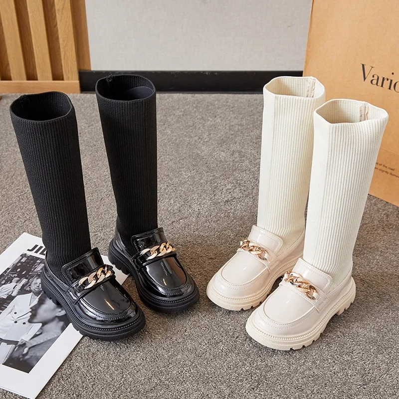 2022 New Winter Korean Over-the-knee Boot with Metal Chain for Girls - Kids Fashion Solid Glossy Chic Girls Casual Shoe