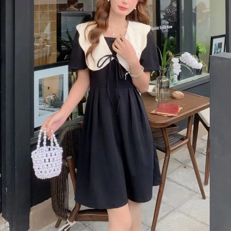 French Style Vintage Shorts Long Dress Summer New Doll Collar Ruffles Female Clothing Short Sleeve Elegant A-Line Waist Dresses