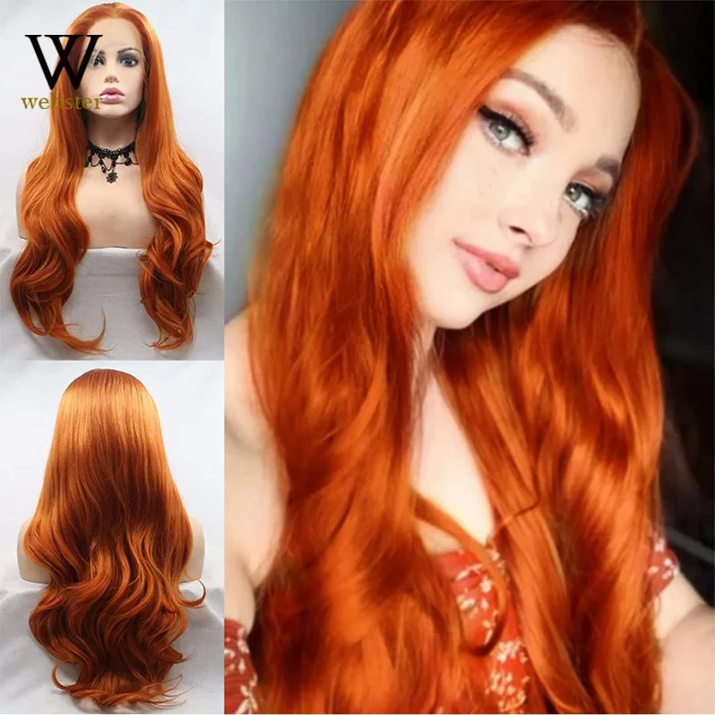 Webster Middle Part Body Wave Long Lace Front Fiber Hair Wig Orange Color Synthetic Hair Baby Hair Daily Glueles Wear Wig