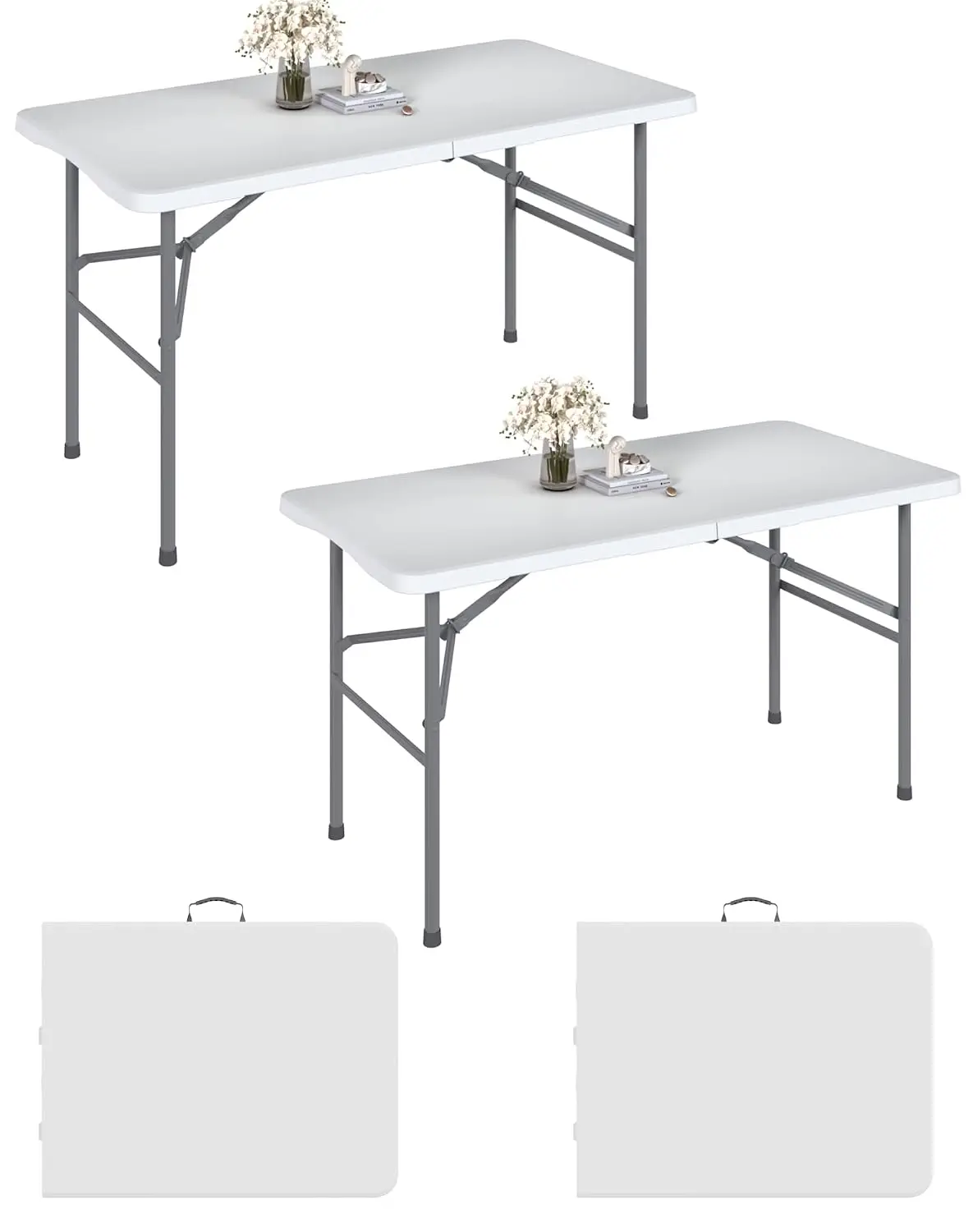 2 Pack 4FT White Folding Table for Outdoor, 4 Foot Picnic Tables No Assembly Required Portable, White Foldable, Customized