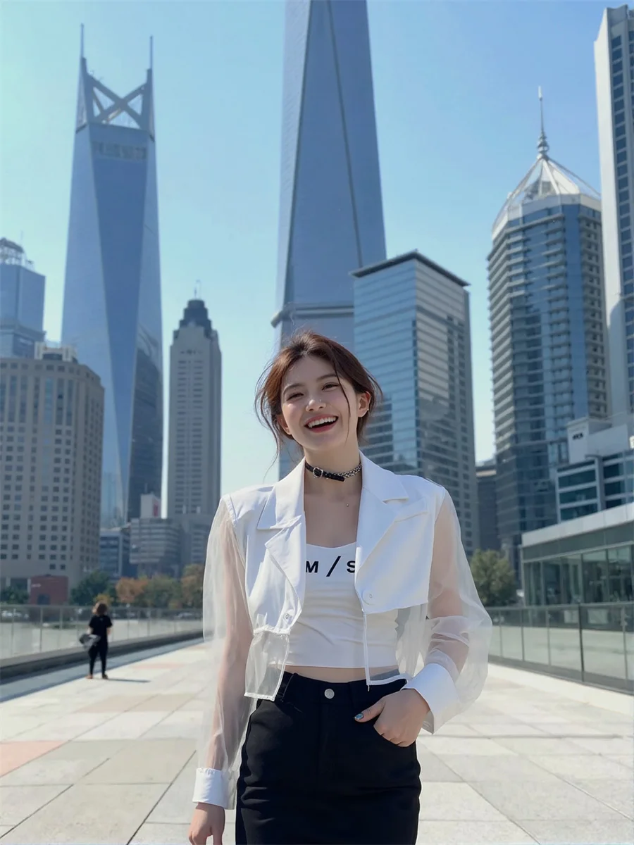 

Sun-proof Cropped See-through Back-Slit Blazers Elegant Woman Clothes For Women Thread Slant Academic Glowing Wedding Roll-Up OL