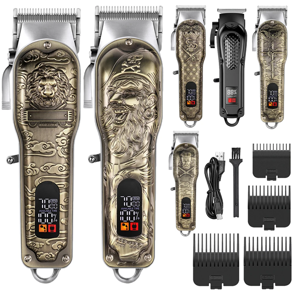 Hair Clipper Professional Electric Trimmer Vintage Metal Engraving LED Display 8-4 Limit Combs Rechargeable Barber Cutting Machine For Men