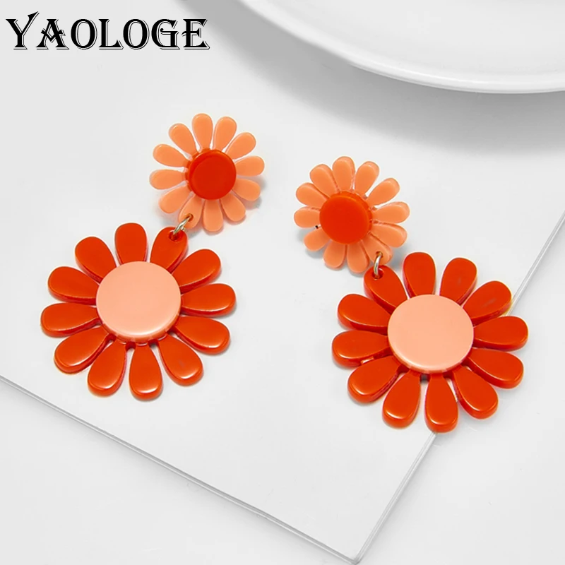 YAOLOGE Acrylic Orange Sunflower Flower Pendant Earrings For Women Fashion Sweet Girl Ear Jewelry Couple Party Gift Accessories