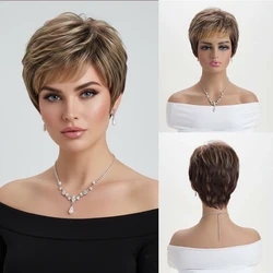 Ladies Short Omber Brown Synthetic Wig Pixie Cut Hairstyle Straight Wig With Bang For Women Daily Use Heat Resistant Fiber