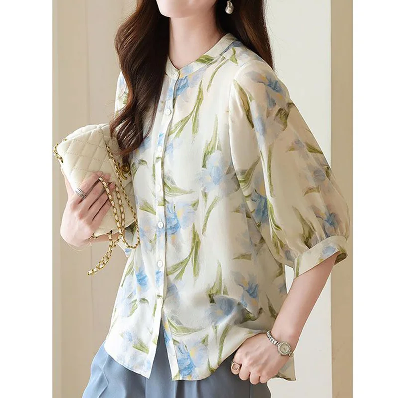 Summer New Fashion Stand Collar Single Breasted Shirt Office Lady Printing Loose-fitting Three Quarter Sleeve Chiffon Blouse