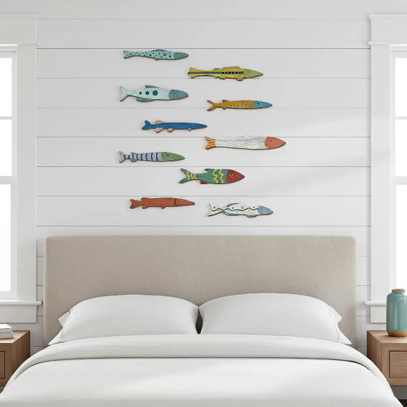Handmade Wooden Ocean Fish Wall Decor Set Coastal Nautical Style Decor for Home Bathroom Kids Nautical Themed Room
