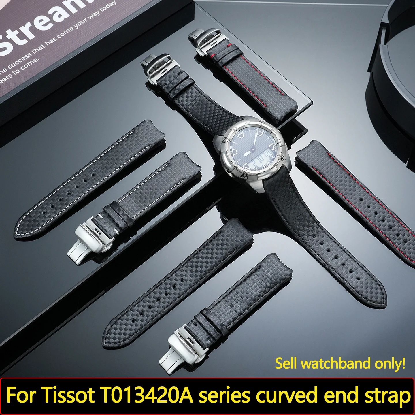 T013 Strap For Tissot 1853 Series Strap T013420A Series Curved End Carbon Fiber Pattern Leather watch band 21mm Men's Bracelet