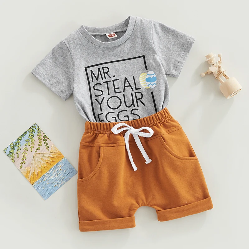 

Easter Toddler Boys Summer Clothing Set with Eggs and Letter Print T-Shirts and Solid Color Shorts 2-Piece Outfit for Kids