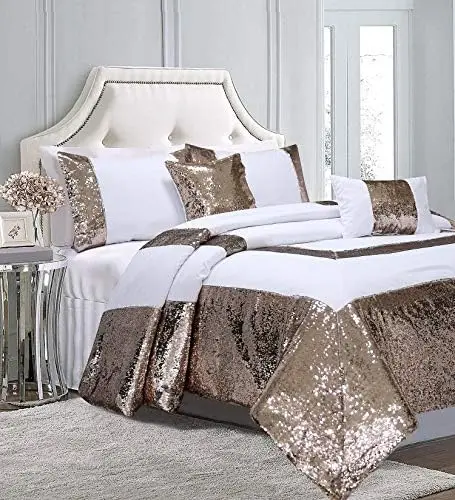 

5 Piece White/Silver Reversible Sequins Patchwork Pattern Comforter Set King Size - Romantic & Premium Bed in Bag Set- Brea