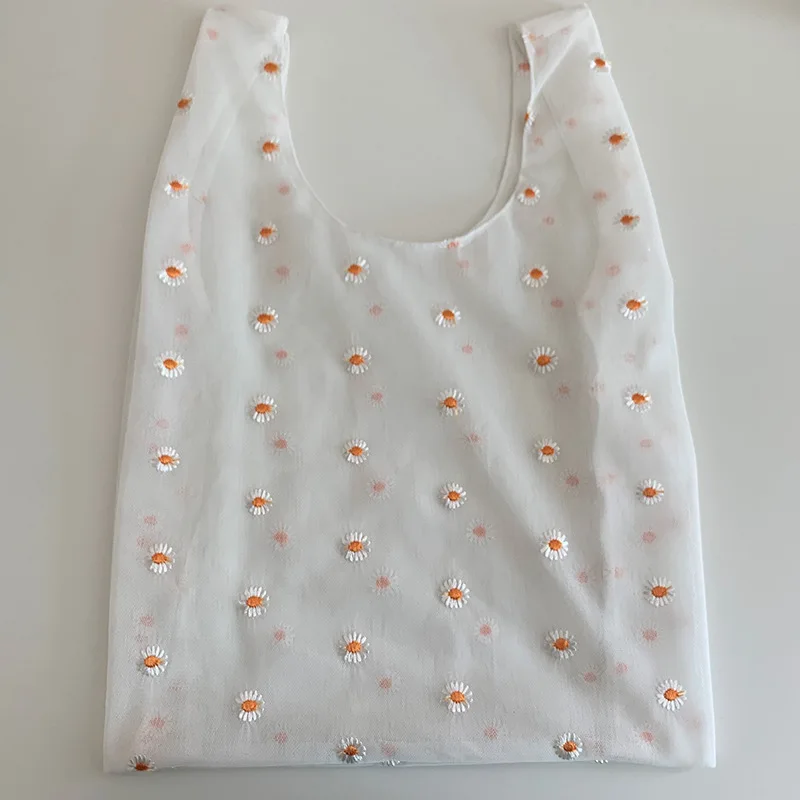 Маленькая сумка с вышивкой в виде ромашки, сумка большой емкости с вышивкой, сумка из органзы, милая сказочная сумка для покупок, продуктовая сумка