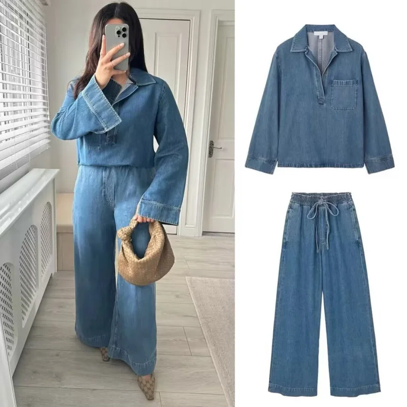 Casual edition open collar Pocket Denim Top 2024 traf Loose edition Wide leg drawstring waist Denim pants women\'s 2 piece set