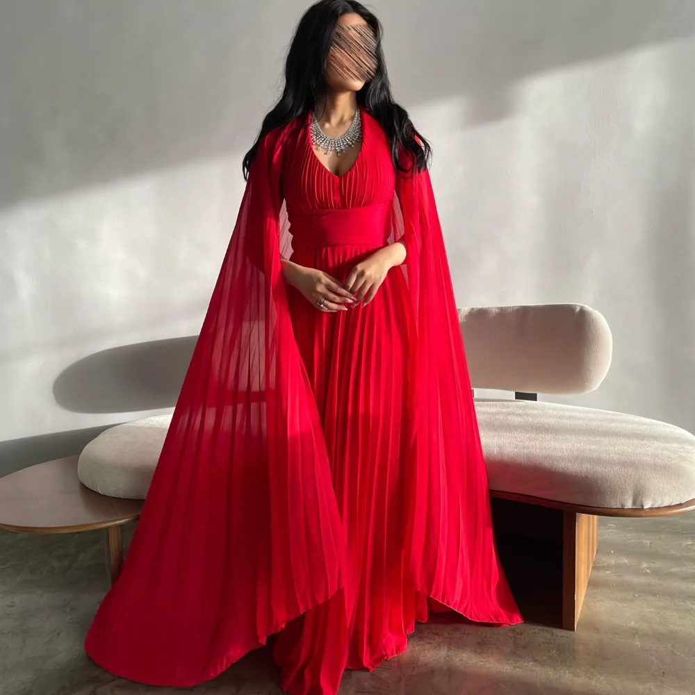 Serendipity Chiffon Straight V-Neck Evening Dress Elegant Pleat Red Shawl Cocktail Party Prom Gowns  فساتين سهرة For Sexy Women