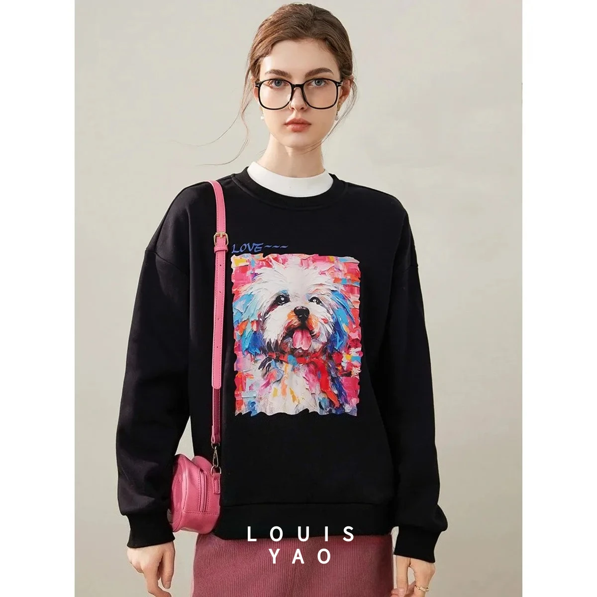 LOUISYAO Fashion Printed Women's Long Sleeve Sweatshirts 2025 Winter Thick Fleece Round Neck Hoodie Chic Street Woman Tops