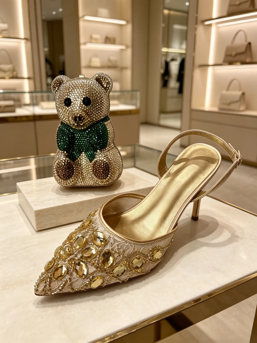 Conjunto de Tacones Slingback con Encaje Dorado Champán y Pedrería y Bolso de Mano con Cristales 3D en Forma de Oso, Zapatos de Fiesta de Lujo para Mujer