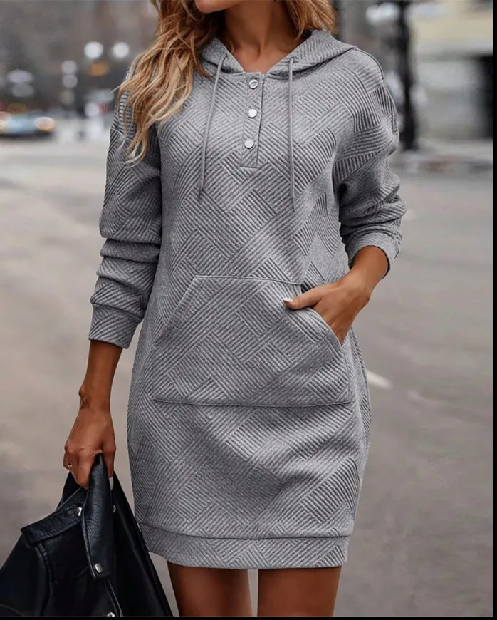 

Casual Solid Buttoned Dress For Women Elegant Hooded Long Sleeve Kangaroo Pocket Sweatshirt 2024 Autumn Winter Fashion New