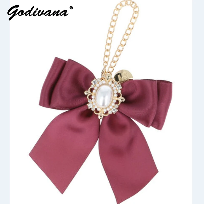 

Japanese Style New Cute Ribbon Handbag Pendant Keyrings Female Students Sweet Satin Ribbon Pearl Bowknot Bag Charms