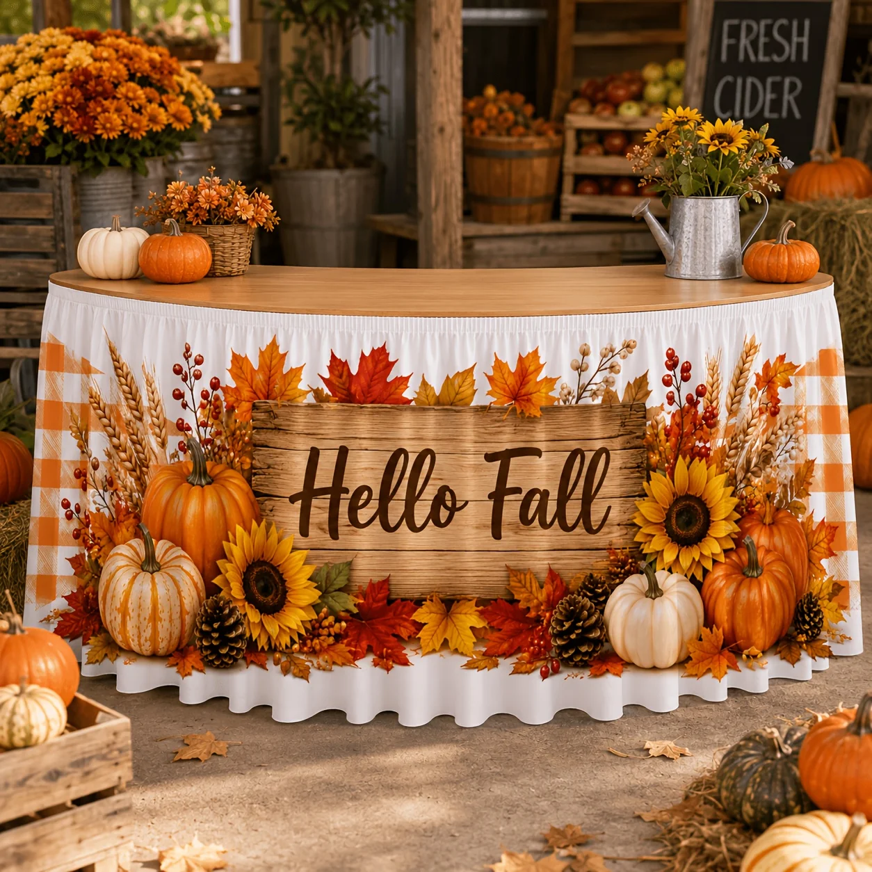 One tablecloth or table skirt, as autumn approaches, there are pumpkins, sunflowers, maple leaves and pinecones.zyc