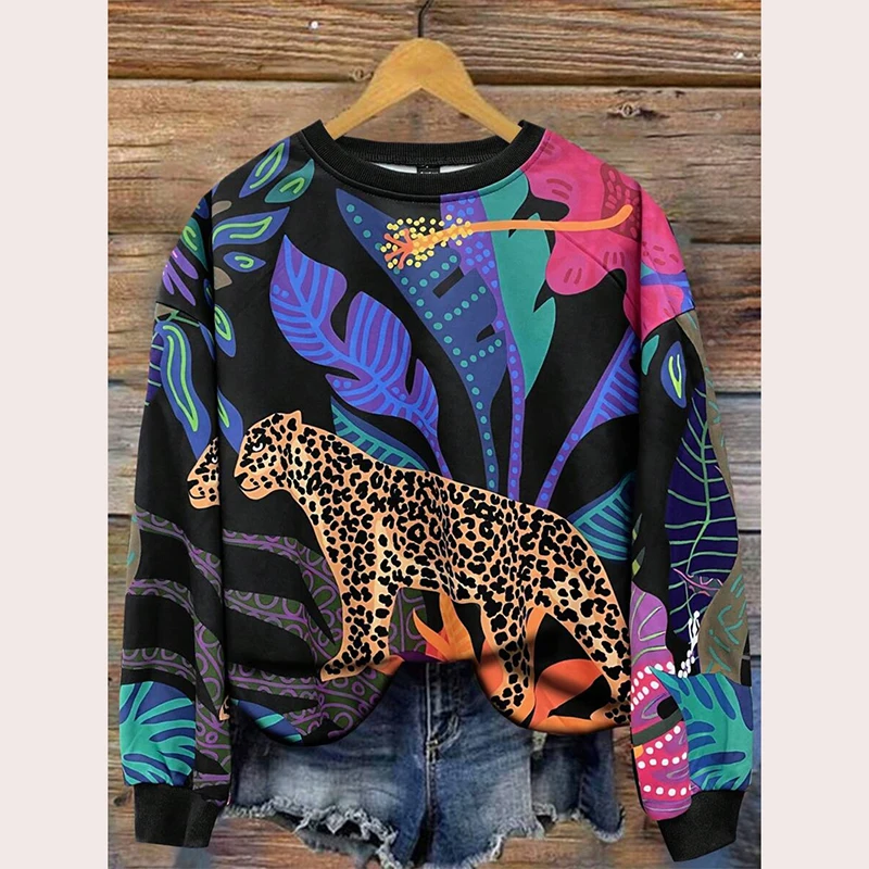 Leopard Flower Print Sweatshirt For Women Round Neck Pullover Sweatshirts Fashion Trend Street Retro Design Spring Pop Hoodie