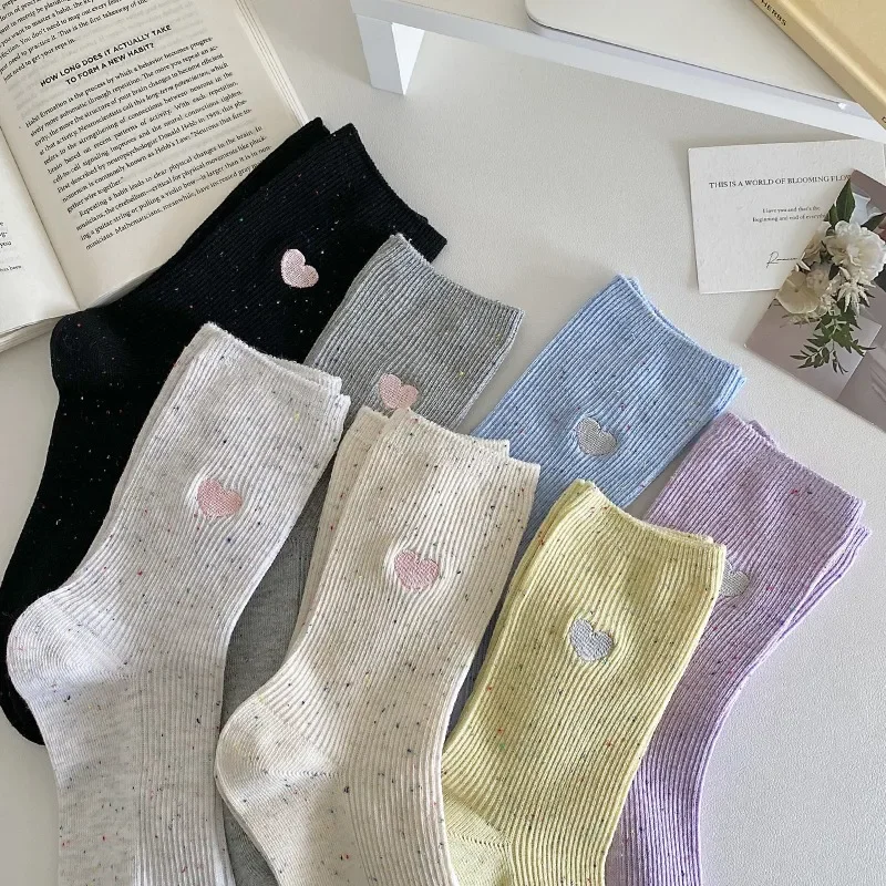 Women Embroidery Heart-Shaped Socks Spring Autumn Rainbow Dotted Yarn Korean Style Solid Color Vertical Striped Slouch Socks