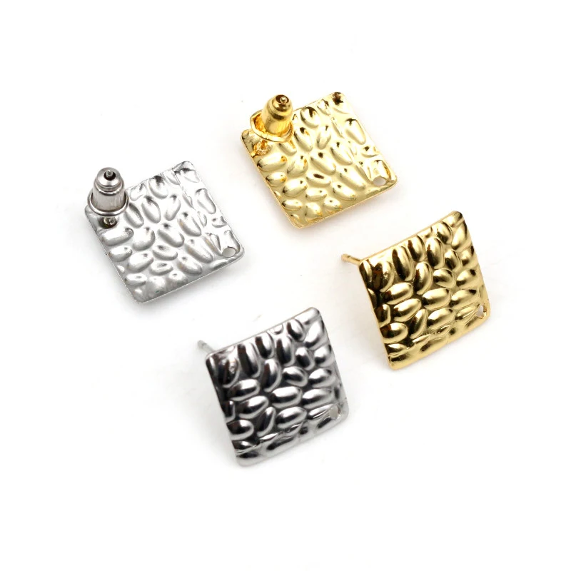 20pcs 14mm Square 316 Stainless Steel Gold Plated Pin Findings Stud Earring With Hole Connector For DIY Jewelry Making Supplies